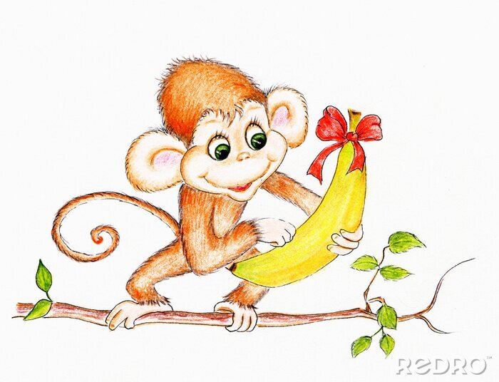 Sticker  Un singe sur une branche tenant un cadeau de banane