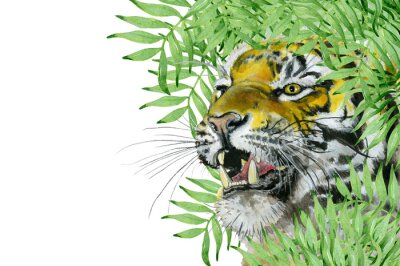 Sticker  Un tigre rugissant parmi la verdure