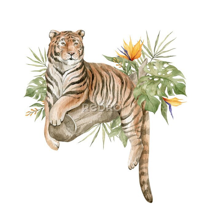 Sticker  Un tigre se reposant sur un tronc d'arbre