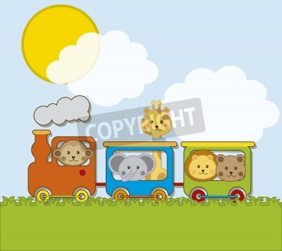 Sticker  Un train coloré transportant de beaux animaux