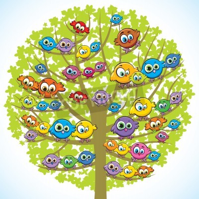 Sticker  Un troupeau d'oiseaux colorés assis sur un arbre