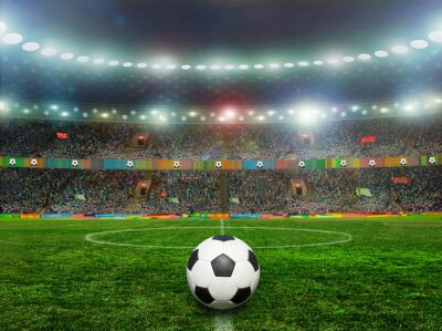 Sticker  Une balle sur le gazon d'un grand stade illuminé