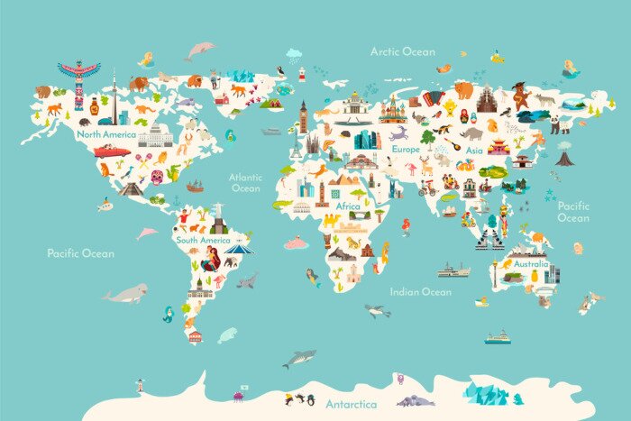 Sticker  Une carte du monde de style dessin animé pour les enfants
