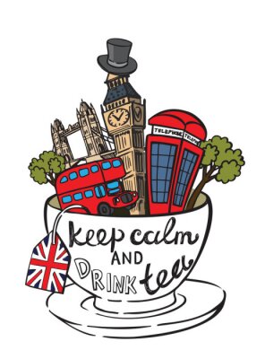 Poster  Une composition amusante avec des symboles britanniques et une tasse