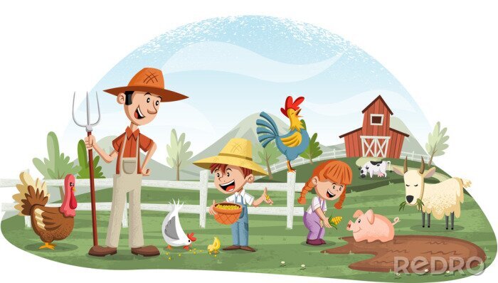 Sticker  Une famille dans une ferme avec des animaux