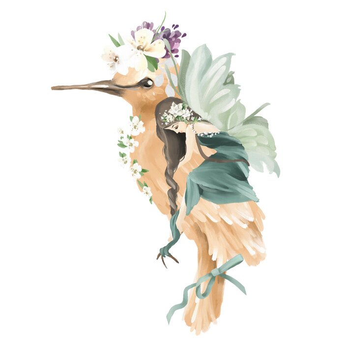 Sticker  Une fée aux ailes vertes étreignant un oiseau