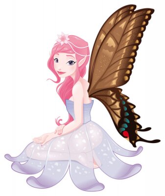 Sticker  Une fée aux cheveux roses avec des ailes de papillon marron