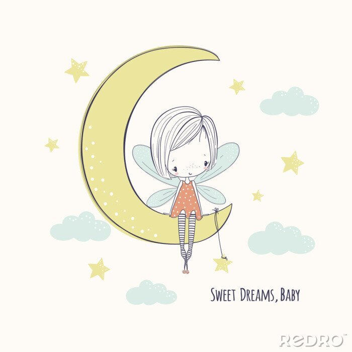 Sticker  Une fée sur la lune avec une étoile accrochée dessus