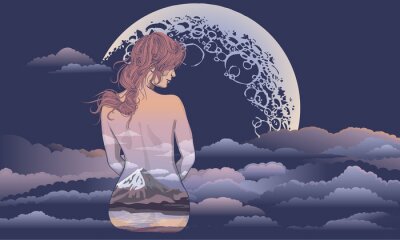Sticker  Une fille romantique est assis sur le fond de la lune. Body art girl, corps peint avec des paysages. Fille romantique sur le fond de la lune et le tatouage du ciel stellaire et conception de t-shirt. 