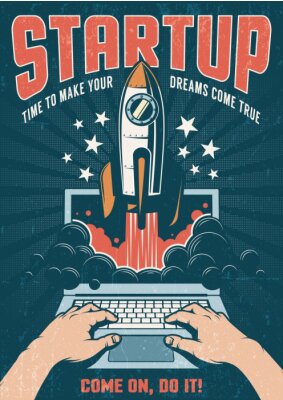 Sticker  Une fusée qui décolle d'un ordinateur portable. Affiche rétro avec un fond sombre. Concept de démarrage. Illustration vectorielle Texture usée sur un calque séparé.