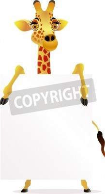 Sticker  Une girafe de dessin animé tenant un tableau blanc vierge