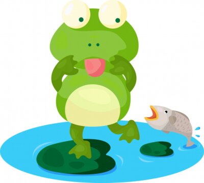 Sticker  Une grenouille fuyant un poisson qui saute