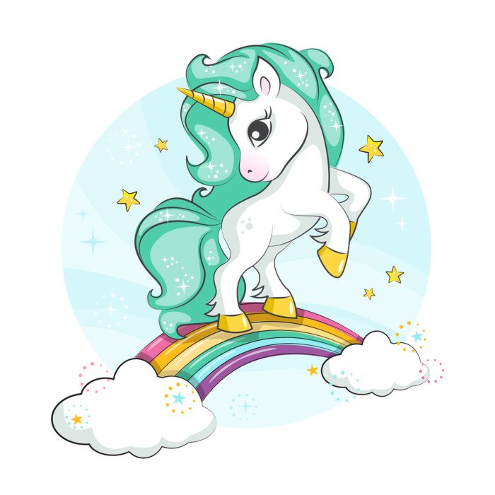 Sticker  Une licorne avec une crinière verte sur un arc-en-ciel avec des nuages