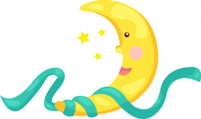 Sticker  Une lune souriante enveloppée dans un ruban turquoise