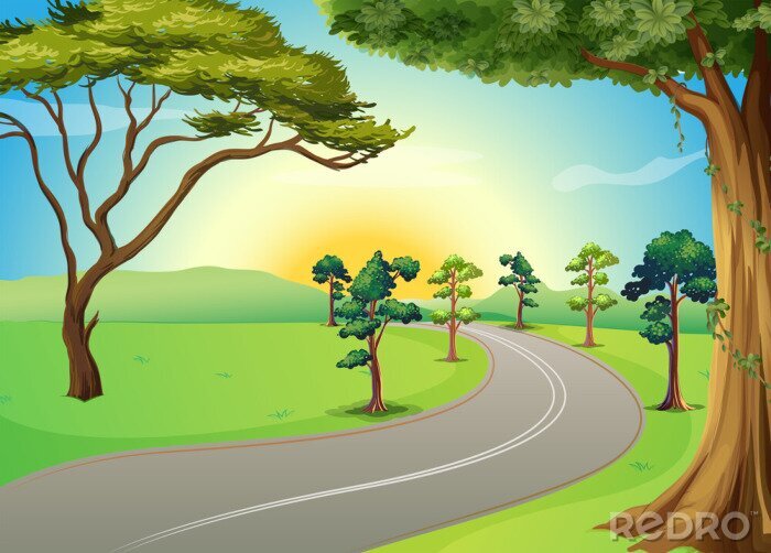 Sticker  Une route à travers une forêt version dessin animé