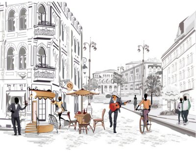 Une rue historique avec un café et un guitariste