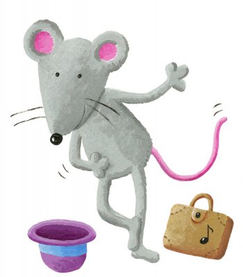 Sticker  Une souris grise dansante avec un chapeau violet