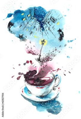 Poster  Une tasse de café avec vue sur la ville