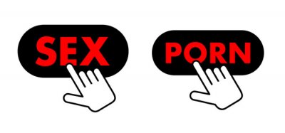 Sticker  User is using computer and internet fot visiting website and webpage with pornography, porn and pornographic sexual content.. Cursor is clicking on the button with text. Vector illustration.