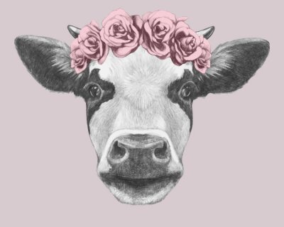 Vache avec une couronne de fleurs sur fond rose version dessin animé