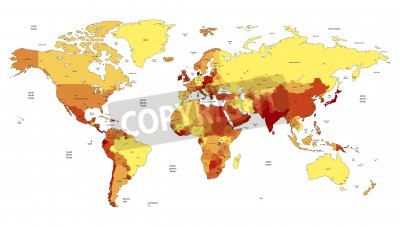 Sticker  Vecteur carte détaillée de World of jaune, orange, couleurs rouges. Les noms, les marques de la ville et les frontières nationales sont dans des couches distinctes.