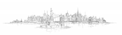 Vecteur, croquis, main, dessin, panoramique, nouveau, york, ville, silhouette