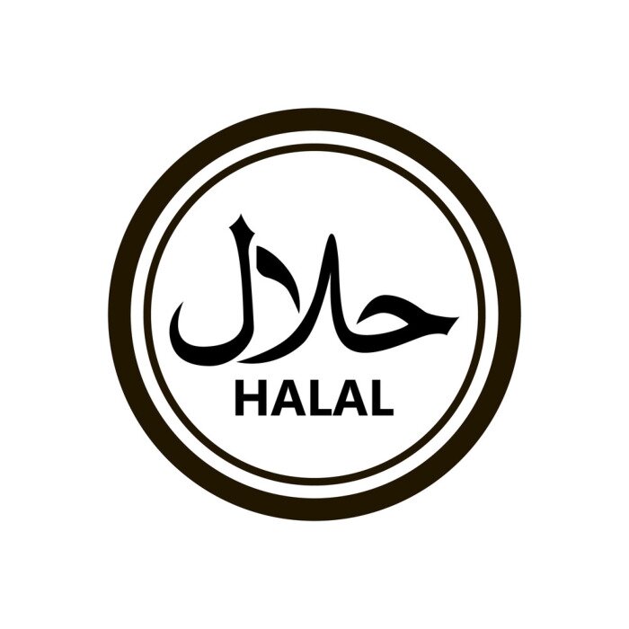 Sticker  Vecteur de logo halal. Emblème de la nourriture halal. Design design. Étiquette de certificat. Etiquette diététique de produit alimentaire pour applications et sites Web