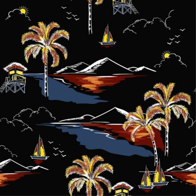 Vecteur de modèle belle île sans couture hawaïenne. Paysage avec palmiers, plage et océan vecteur style dessiné à la main sur fond de couleur noire