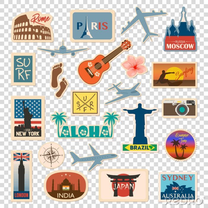 Sticker  Vecteur de voyage autocollant et étiquette avec les pays célèbres, les villes, les monuments, les drapeaux et les symboles dans un style rétro ou vintage. Comprend l'Italie, la France, la Russie, les 
