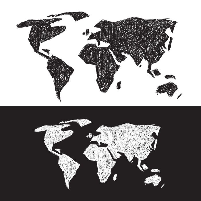 Sticker  Vecteur noir et blanc Carte du monde Illustration Set