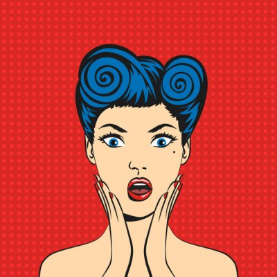Sticker  Vecteur, pop art, surpris, femme, figure, ouvert, bouche