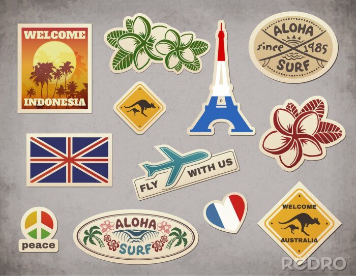 Sticker  Vecteur, retro, voyage, bagage, autocollants, ensemble, grunge, fond