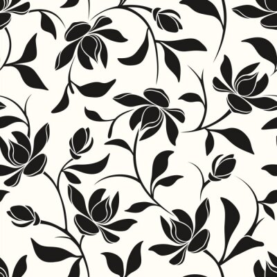 Vecteur, seamless, noir, blanc, floral, modèle, magnolia, fleurs, feuilles