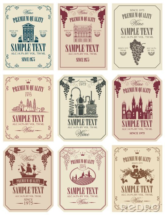 Sticker  Vecteur série d'étiquettes de vin avec l'image des raisins, cave, château, voilier, paysage, fruits et autres dans un style rétro dans des cadres avec des boucles