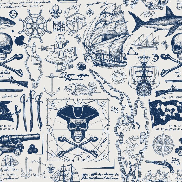 Sticker  Vector abstract seamless pattern with skull, crossbones, pirate flag, swords, guns, caravels, old map and other nautical symbols. Vintage background with hand-drawn sketches, ink blots and stains