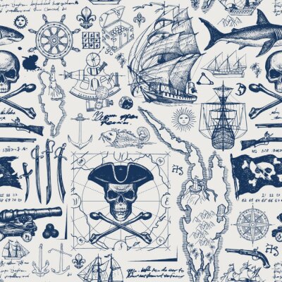 Papier peint à motif  Vector abstract seamless pattern with skull, crossbones, pirate flag, swords, guns, caravels, old map and other nautical symbols. Vintage background with hand-drawn sketches, ink blots and stains
