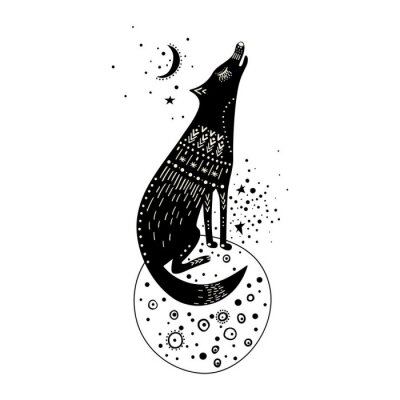 Sticker  Vector childish hand-drawn illustration. Wolf sitting on a planet in space and howling at the moon. Black and white