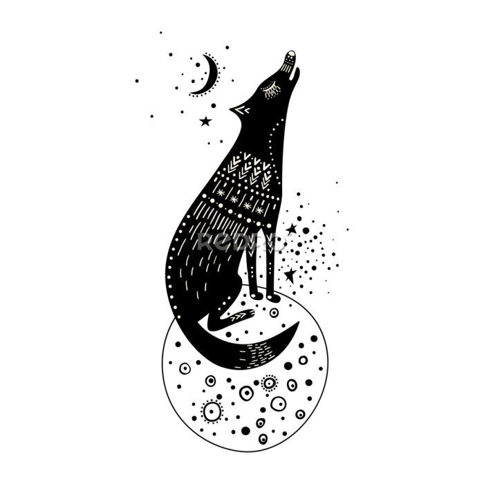Sticker  Vector childish hand-drawn illustration. Wolf sitting on a planet in space and howling at the moon. Black and white