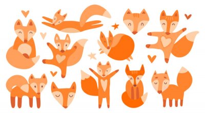 Sticker  Vector collection of 11 illustrations with cute chanterelles. Red beautiful foxes on a white isolated background. The fox sleeps, sits, runs, hugs, jumps, the muzzle of a kind wild beast.