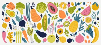 Sticker  Vector colorful food set for your design. Cute doodle illustration with vegetables and fruits isolated on white background. 