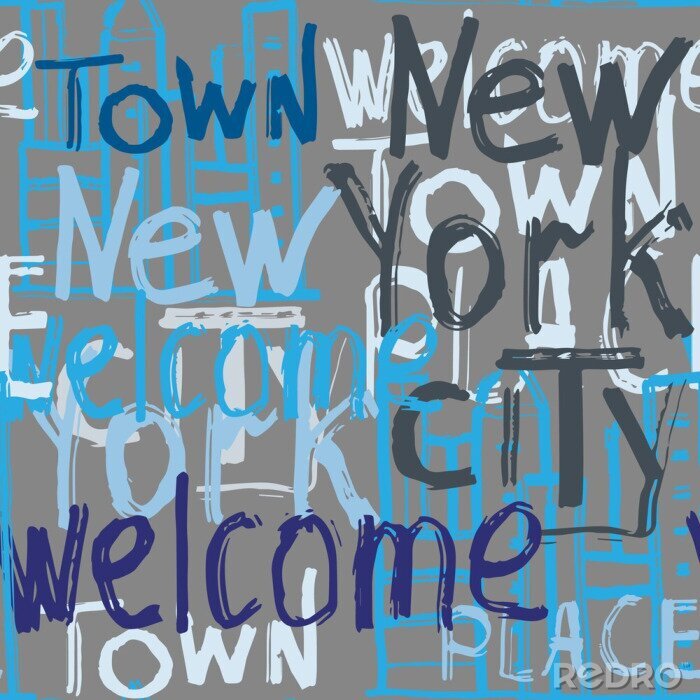 Sticker  Vector graffiti seamless pattern with doodle building and words welcome, New York, city, town, place. Fashion hand drawing texture,  street art retro style for t-shirt, textile, wrapping paper.