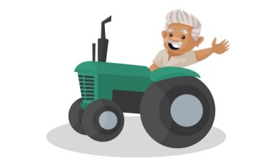 Sticker  Vector graphic illustration. Farmer is driving a tractor and waving hand. Individually on a white background.