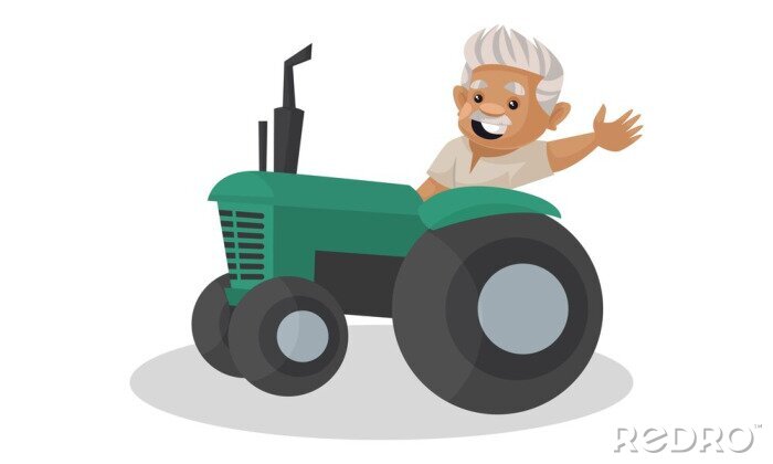 Sticker  Vector graphic illustration. Farmer is driving a tractor and waving hand. Individually on a white background.