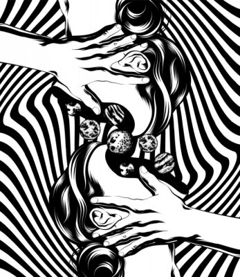 Sticker  Vector hand drawn illustration of girls with planets . Creative  artwork. Template for card, poster. banner, print for t-shirt, pin, badge, patch.