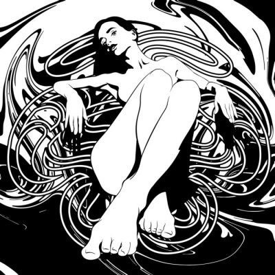 Sticker  Vector hand drawn illustration of pretty girl with liquid texture and frame .