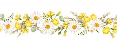 Sticker  Vector horizontal seamless border with white daisies and yellow wild flowers and ears of wheat. 