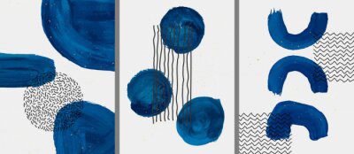 Sticker  Vector illustration. Abstract contemporary aesthetic backgrounds. Design for poster, postcard, invitation card, flyer, brochure cover. Room wall decor. Blue watercolor paints with golden splash dots