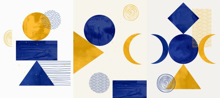 Sticker  Vector illustration. Abstract contemporary aesthetic backgrounds. Design for poster, postcard, invitation card, flyer, brochure cover. Room wall decor. Blue watercolor paints with golden splash dots