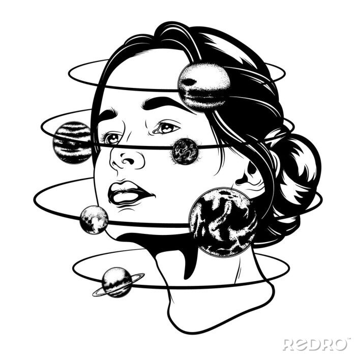 Sticker  Vector illustration dessinée de belle jeune femme, composition géométrique et planètes à la main. Modèle de carte, affiche, bannière, impression de t-shirt.