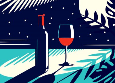 Sticker  Vector illustration of a night view with a bottle and a glass of red wine in vintage style on the background of the moon and tropical leaves